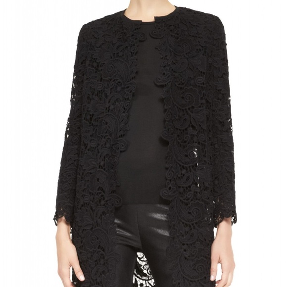 RALPH LAUREN Black Label Size 16 Black Cotton Lace Leather Trim Open Front Coat - Picture 1 of 13